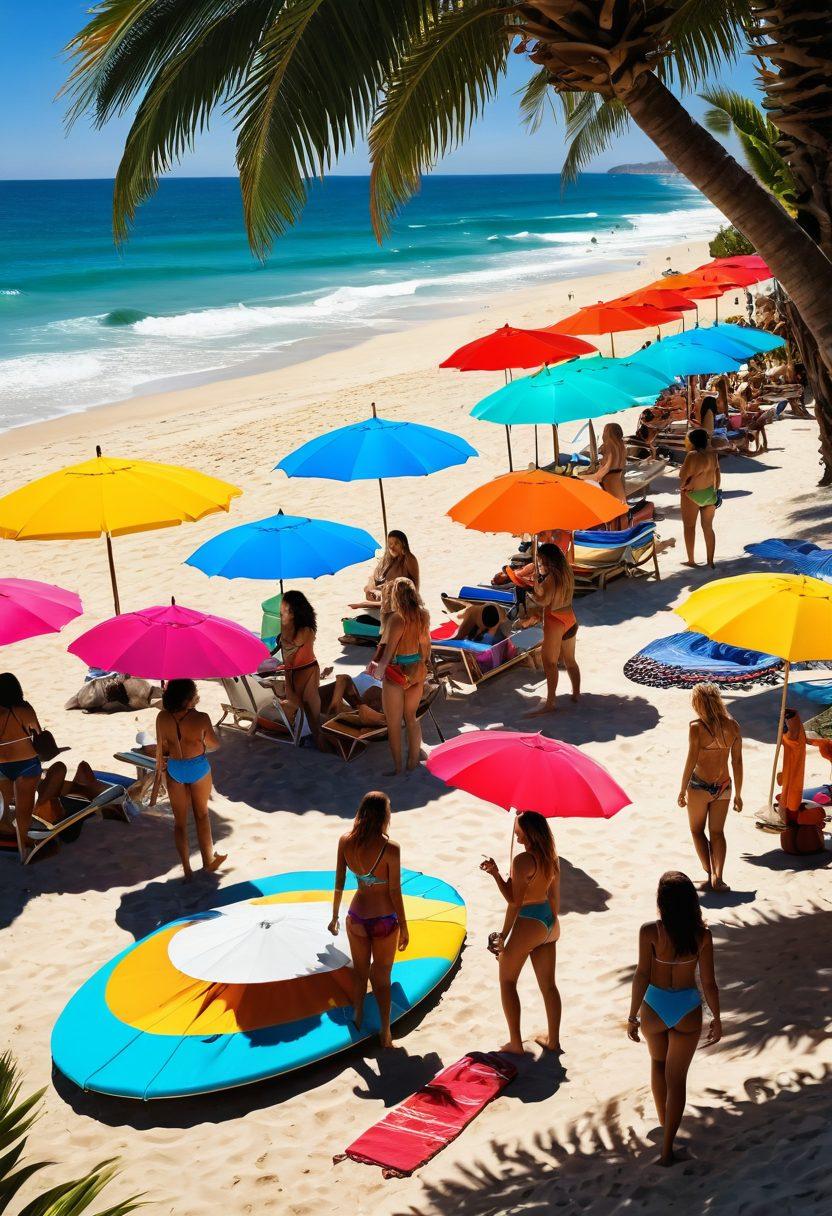 A vibrant beach scene featuring a diverse group of people showcasing a variety of stylish swimwear trends, from chic bikinis to modern one-pieces, with colorful beach umbrellas and surfboards in the background. The sun shines brightly, illuminating the shimmering waves and creating a lively atmosphere, embodying summer fun and fashion. Include tropical plants and a distant sunset for a dramatic touch. super-realistic. vibrant colors. 3D.